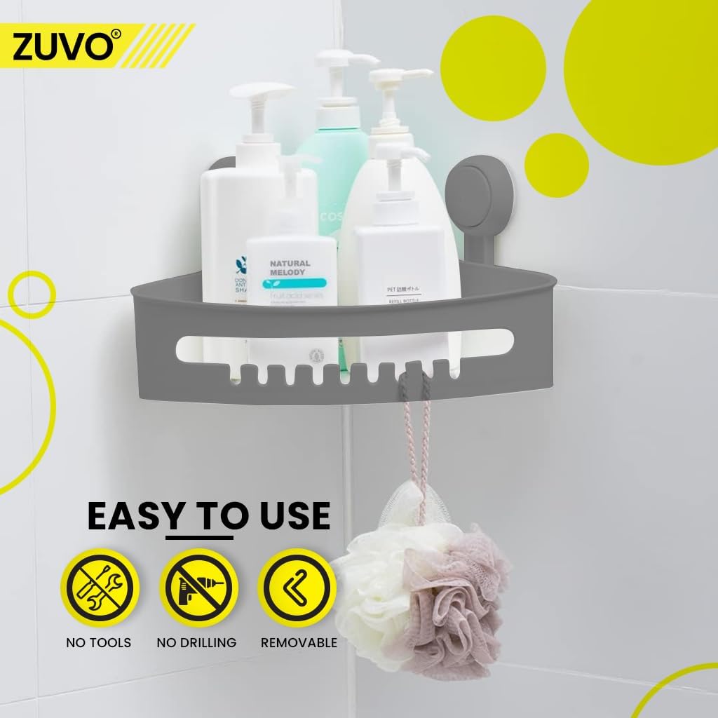 Zuvo No-Drill Shower Caddy – Suction Cup Bathroom Shelf, Grey