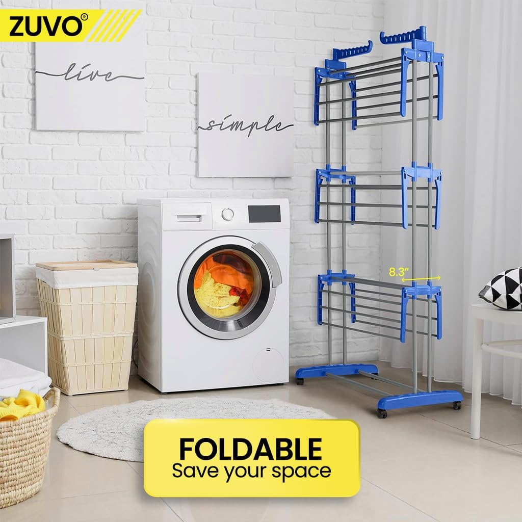 Zuvo 4 Tier Blue Foldable Airer Heavy Duty Stainless Steel Drying Rack
