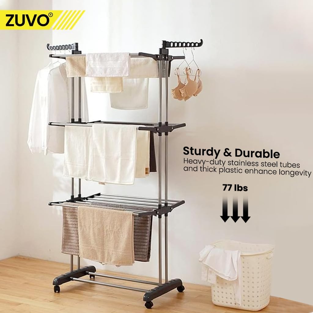 Zuvo 4 Tier Grey Foldable Airer Heavy Duty Stainless Steel Drying Rack