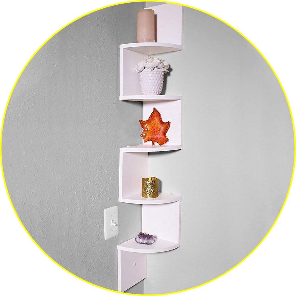 Zuvo Floating Corner Shelves 5 Tier White Zigzag Wall Mounted Bookshelf