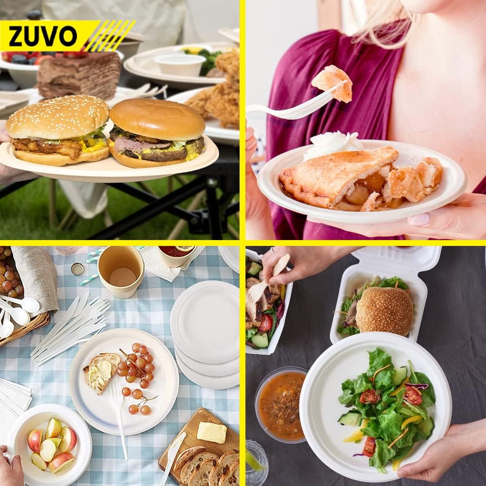 Zuvo 7 Inch Compostable Paper Plates 50 Pack – Eco Friendly Bagasse White