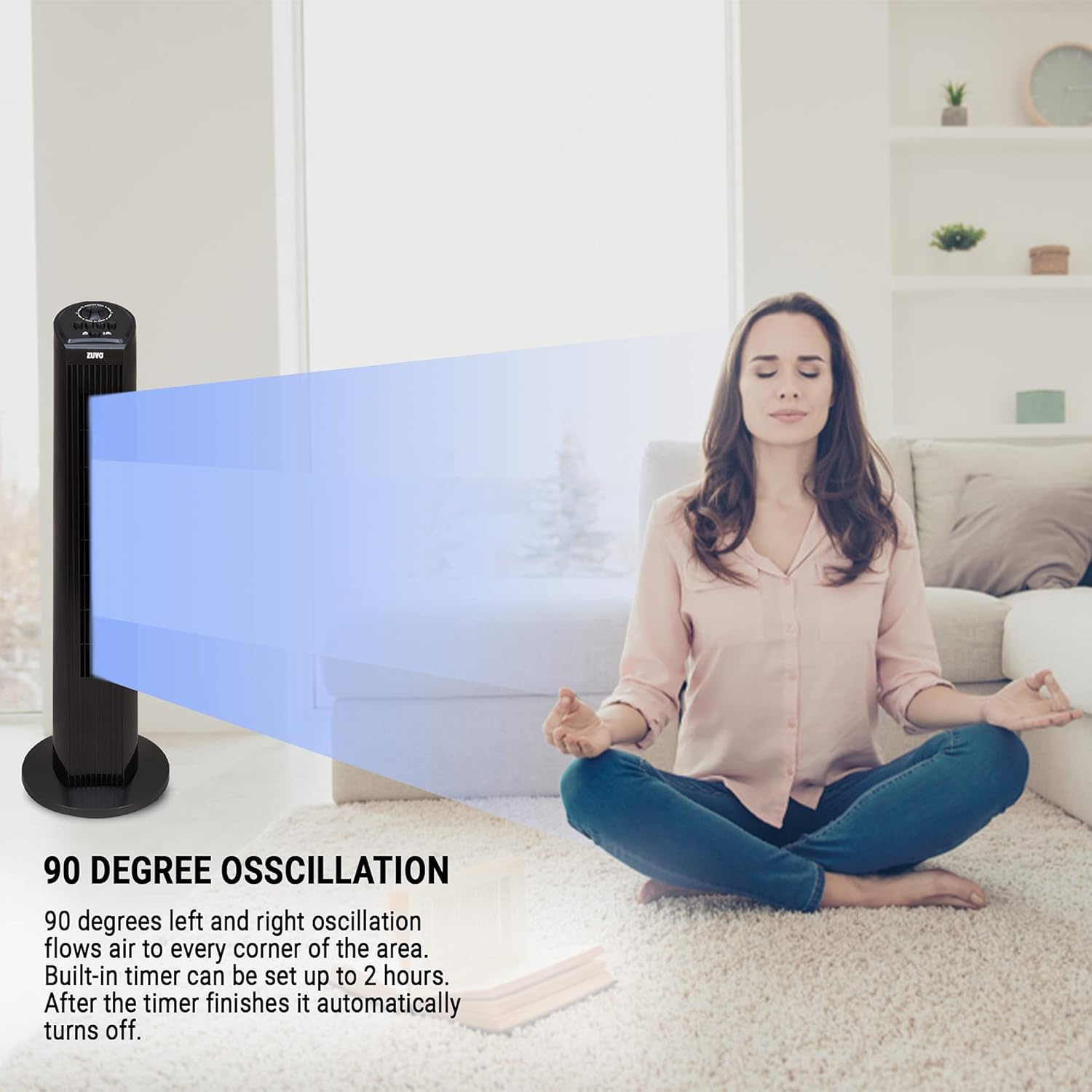 Zuvo 30in Oscillating Tower Fan 3 Speed with Timer Quiet Black