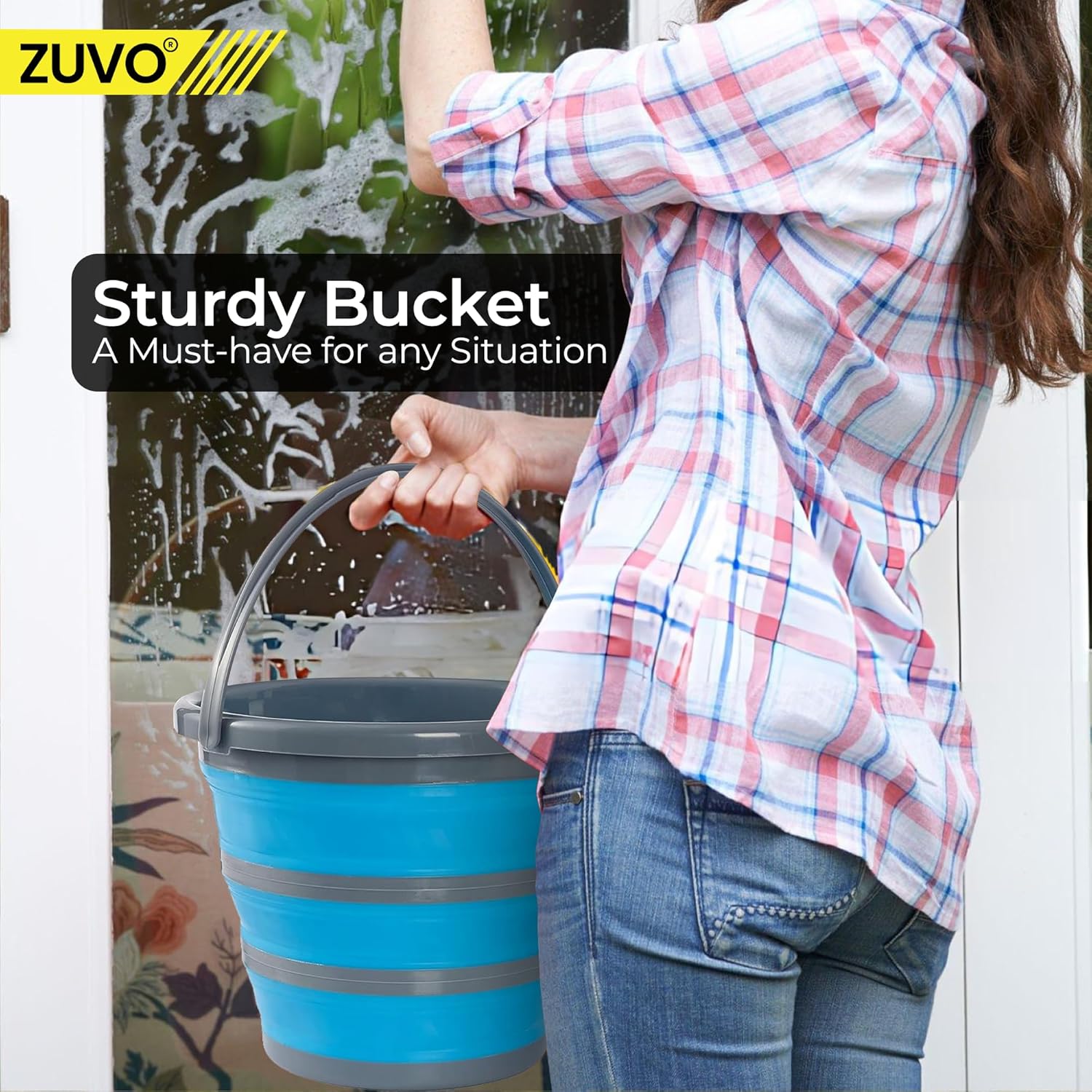 Zuvo Collapsible Bucket 10L Silicone Folding Mop Bucket Blue Grey