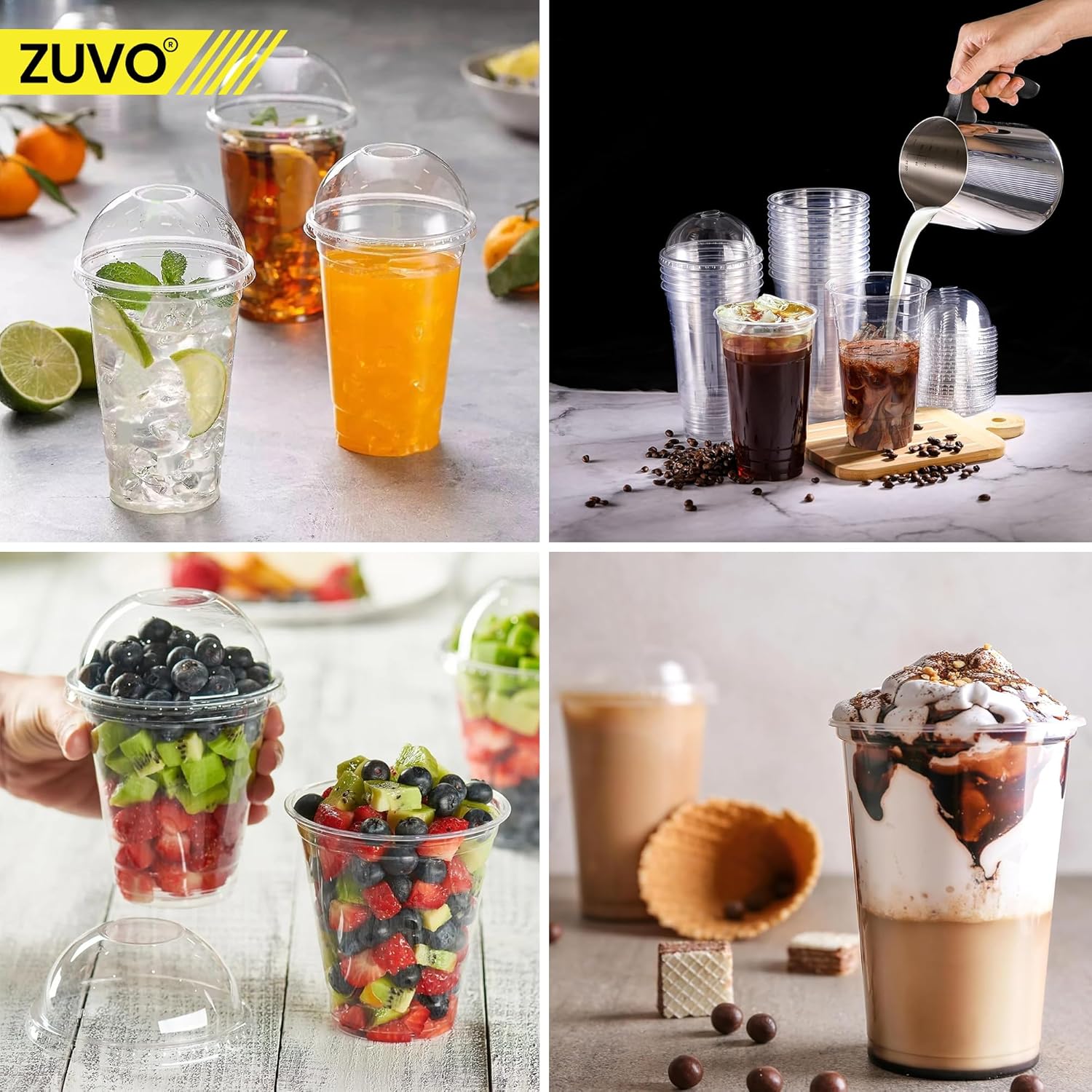 Zuvo 50 Pack 16oz Clear Plastic Smoothie Cups with Dome Lids