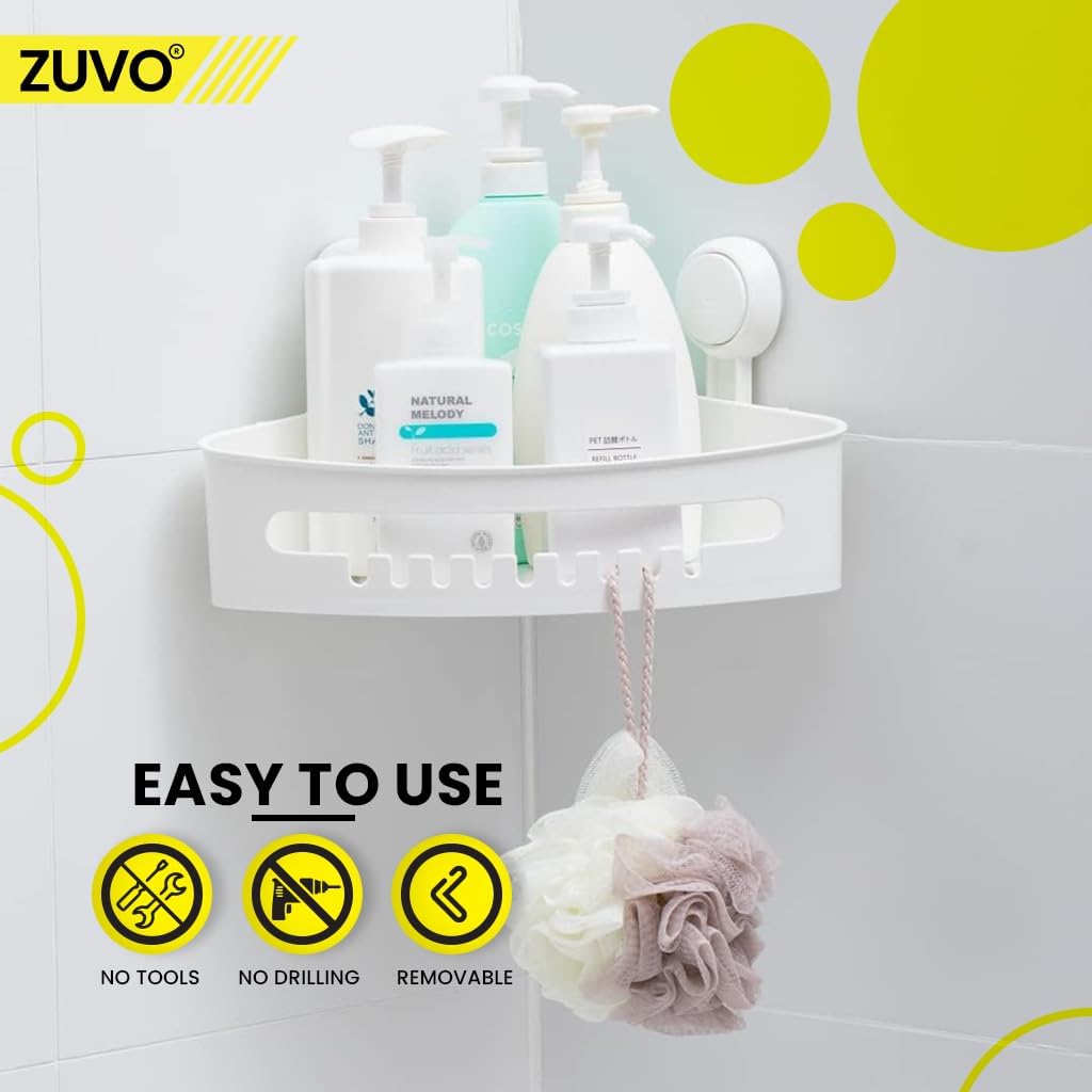 Zuvo No-Drill Shower Caddy – Suction Cup Bathroom Shelf, White