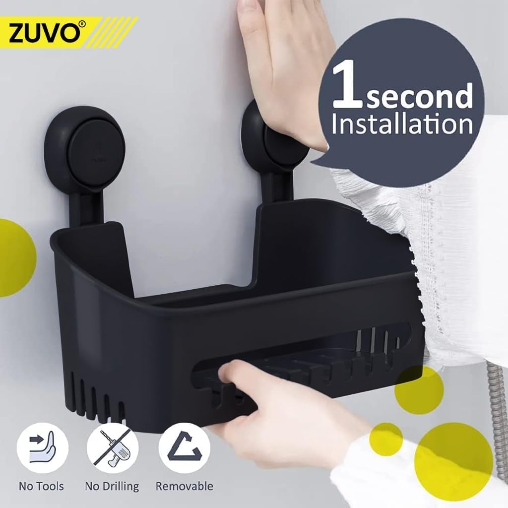 Zuvo No-Drill Suction Cup Shower Caddy Basket – Black