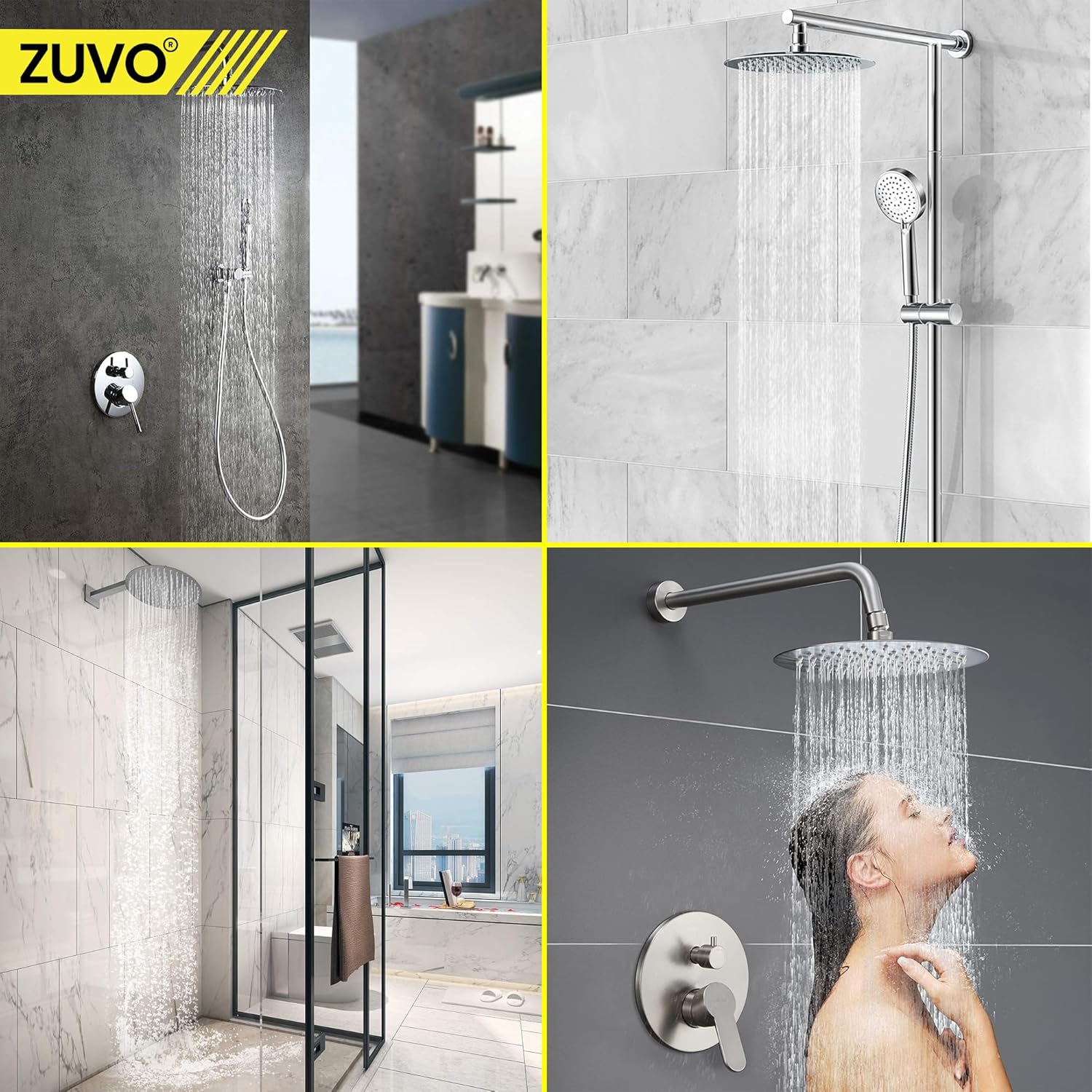 Zuvo 10 Inch Round Rainfall Shower Head 304 Stainless Steel High Pressure