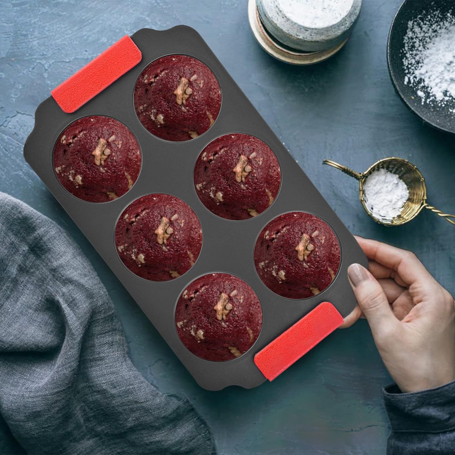 Zuvo Non-Stick 6 Cup Muffin Tray Silicone Handles Dishwasher Safe Bakeware