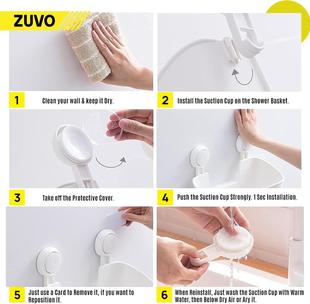 Zuvo No-Drill Shower Caddy – Suction Cup Bathroom Shelf, White