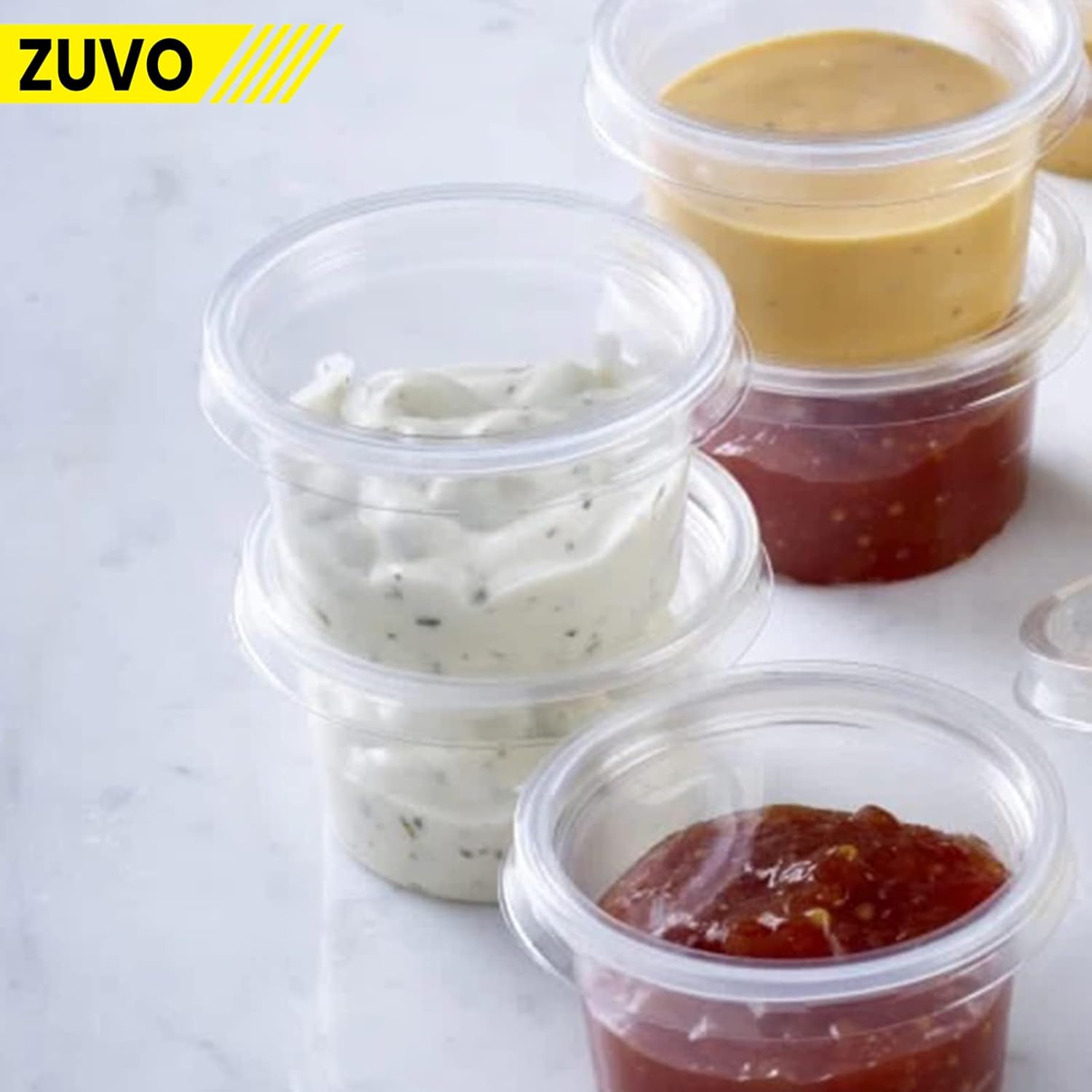 Zuvo Plastic Sauce Containers with Lids - 04 OZ (50 Pack) - Perfect Round Plastic Food Storage Containers for Sauce - Reusable, Leakproof Tubs, BPA Free, 12 x 14 cm