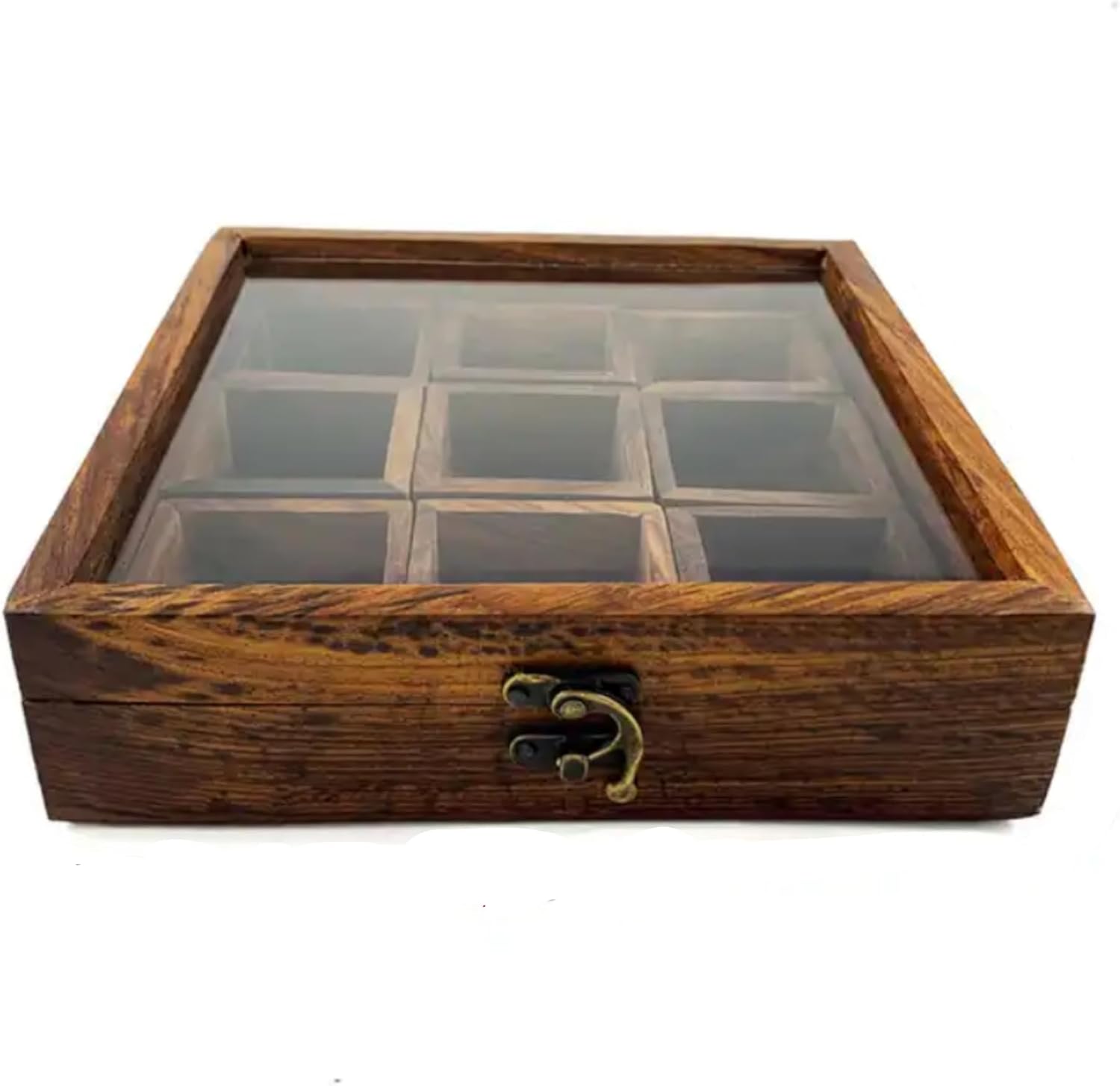 Wooden Spice Rack Organizer Storage Box with Lid, 9 Small Compartments Masala Dabba and Slide Off Glass Style, 8X8