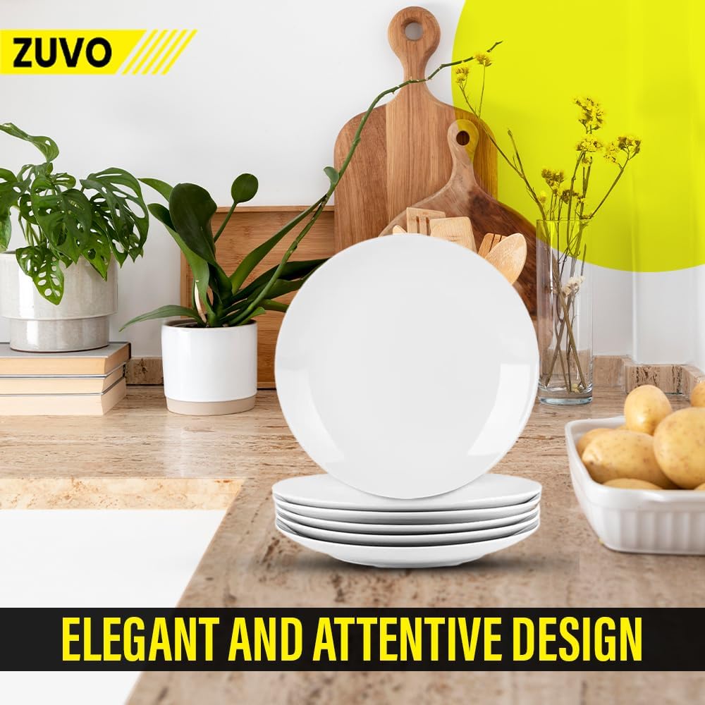 Zuvo White Porcelain Dinner Plates Set of 6 – 10.5 Inch Microwave Safe Coupe