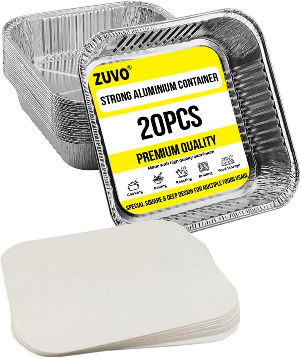 Zuvo Large Disposable Aluminium Foil Trays Containers with Paper Lids 25x25x4 cm, Takeaway Containers Good for Baking Roasting Broiling Cooking Food Storage (20 Trays and Lids) (Packaging May Vary)