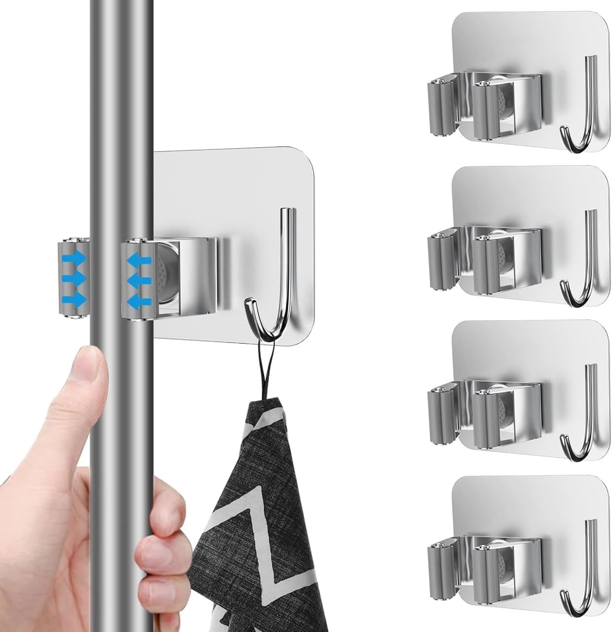 Zuvo Broom Holder Wall Mounted 4 Pack Stainless Steel Mop Organiser