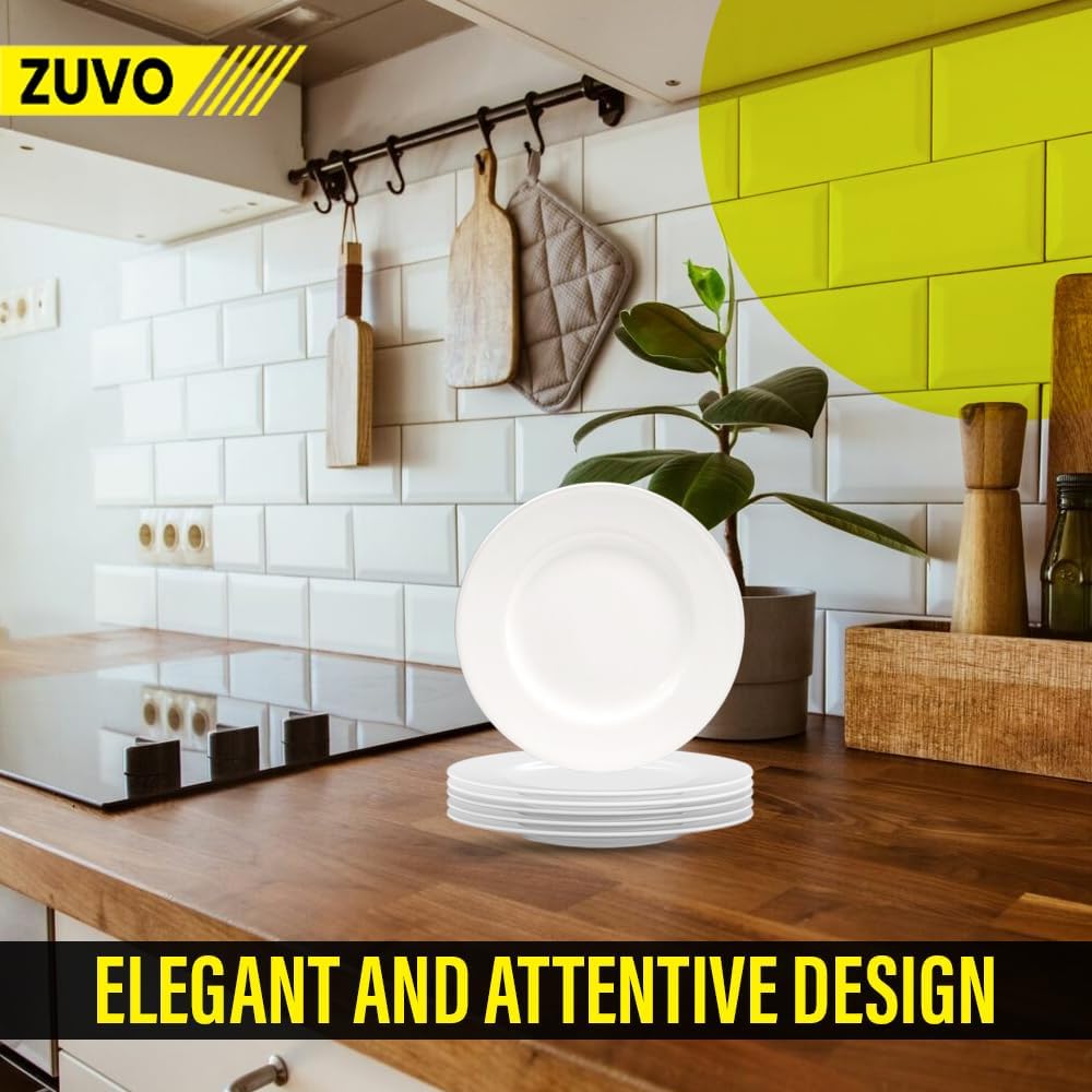 Zuvo White Ceramic Dinner Plates Set of 6 – 6 Inch Microwave Safe Rim Shape