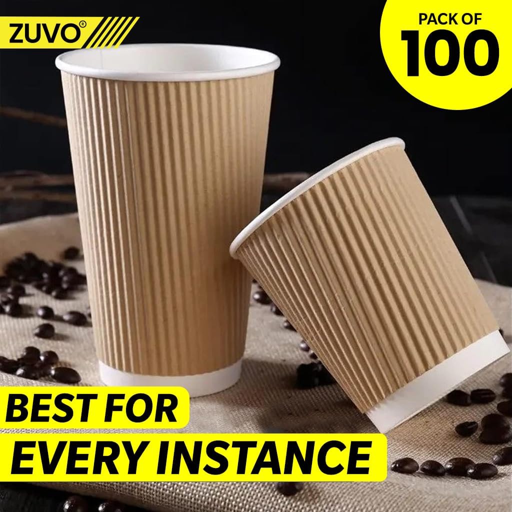 Zuvo Coffee Cups 16 OZ - NO Lids - 100 Disposable Brown Ripple Coffee Cups - Ideal for Takeaways