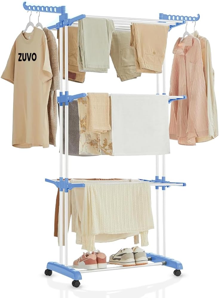 Zuvo 4 Tier Blue Foldable Airer Heavy Duty Stainless Steel Drying Rack