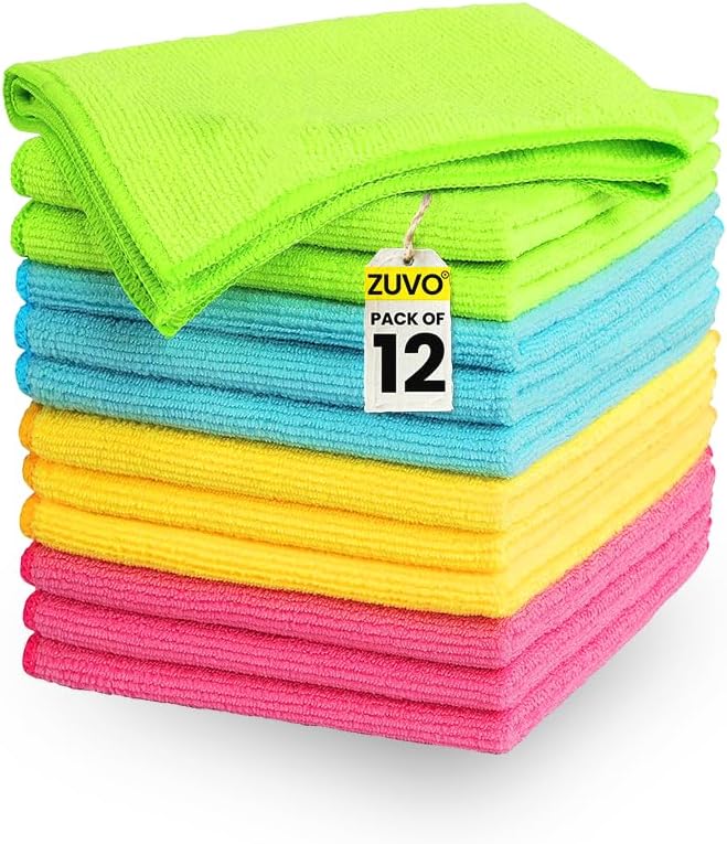Zuvo Microfibre Cloths 12 Pack 32x32cm Lint Free Multi Colour Cleaning