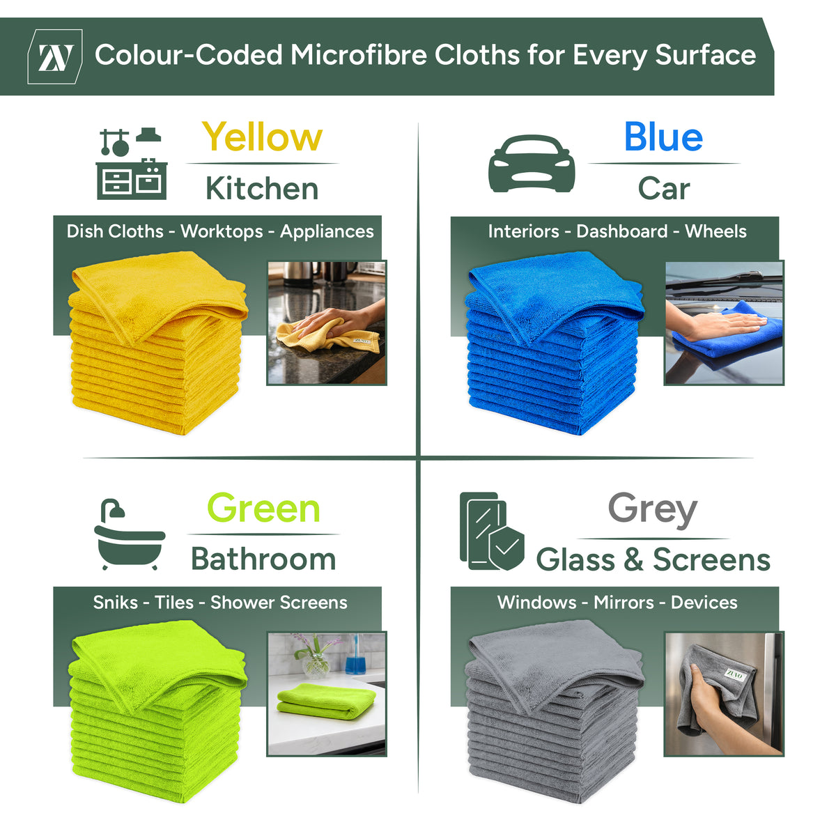 Zuvo Microfibre Cloths 12 Pack 32x32cm Grey Lint Free Cleaning Rags