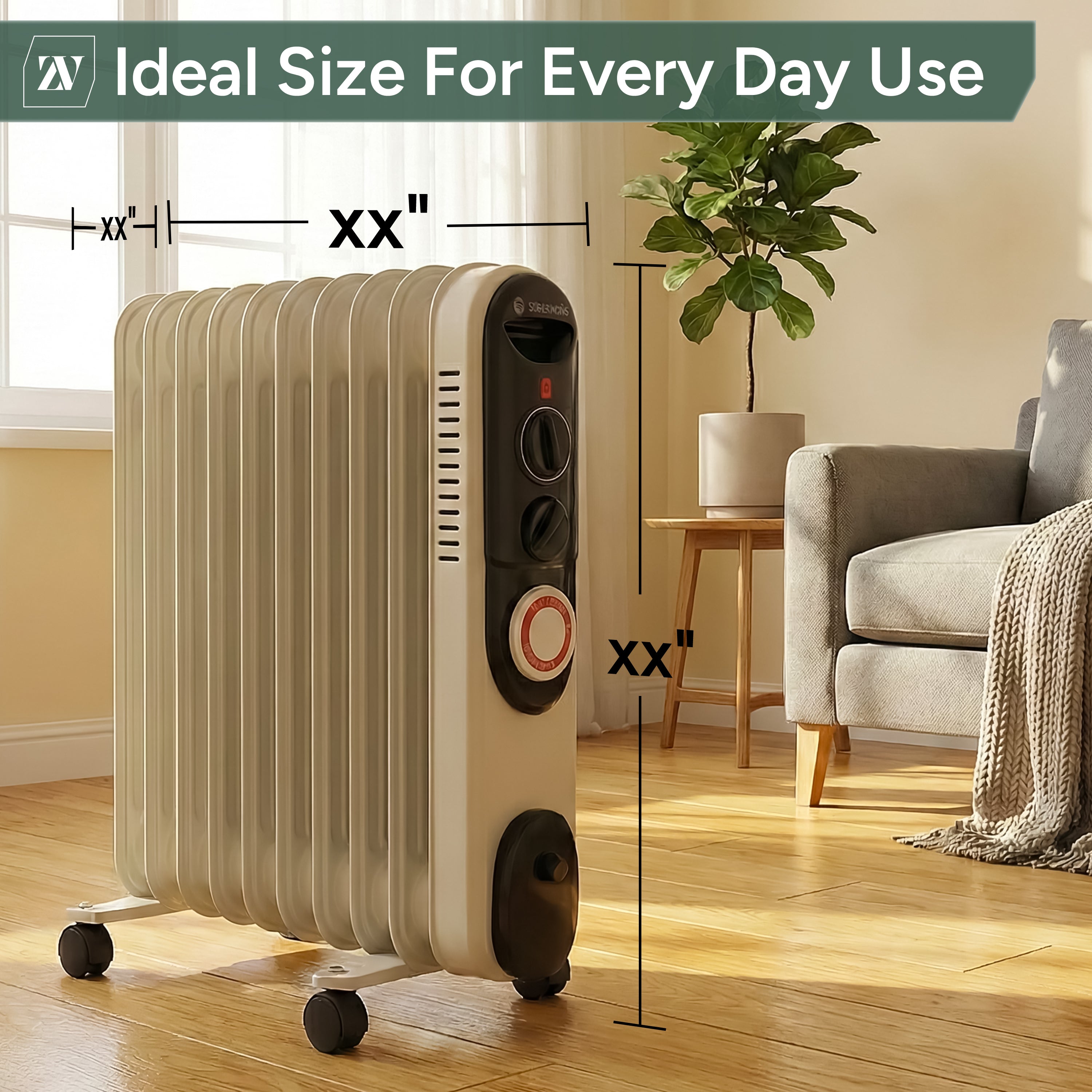 Zuvo 2500W Oil Filled Radiator Portable Heater with 11 Fins and Timer