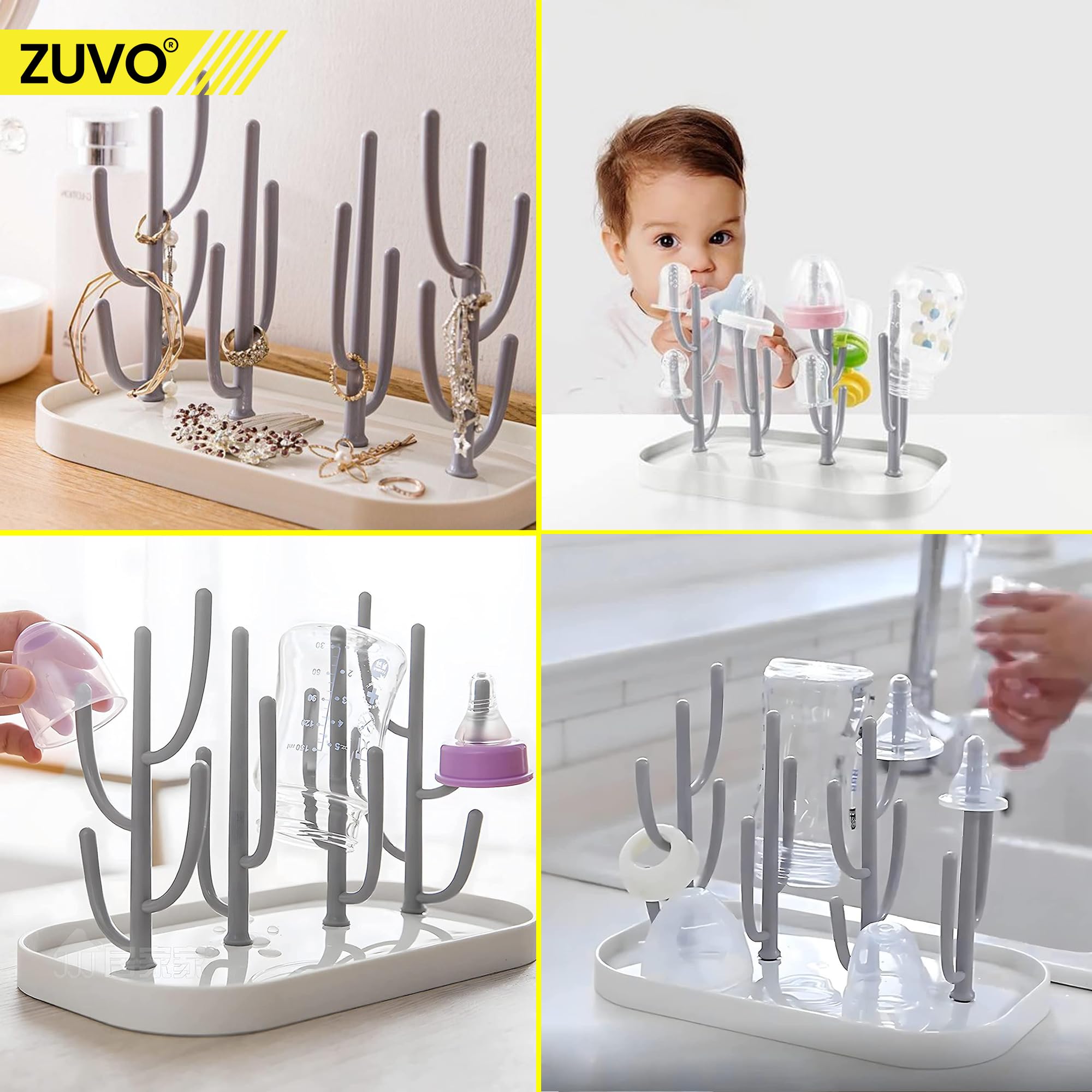 Zuvo Baby Bottle Drying Rack with Detachable Brackets, Grey, One Size