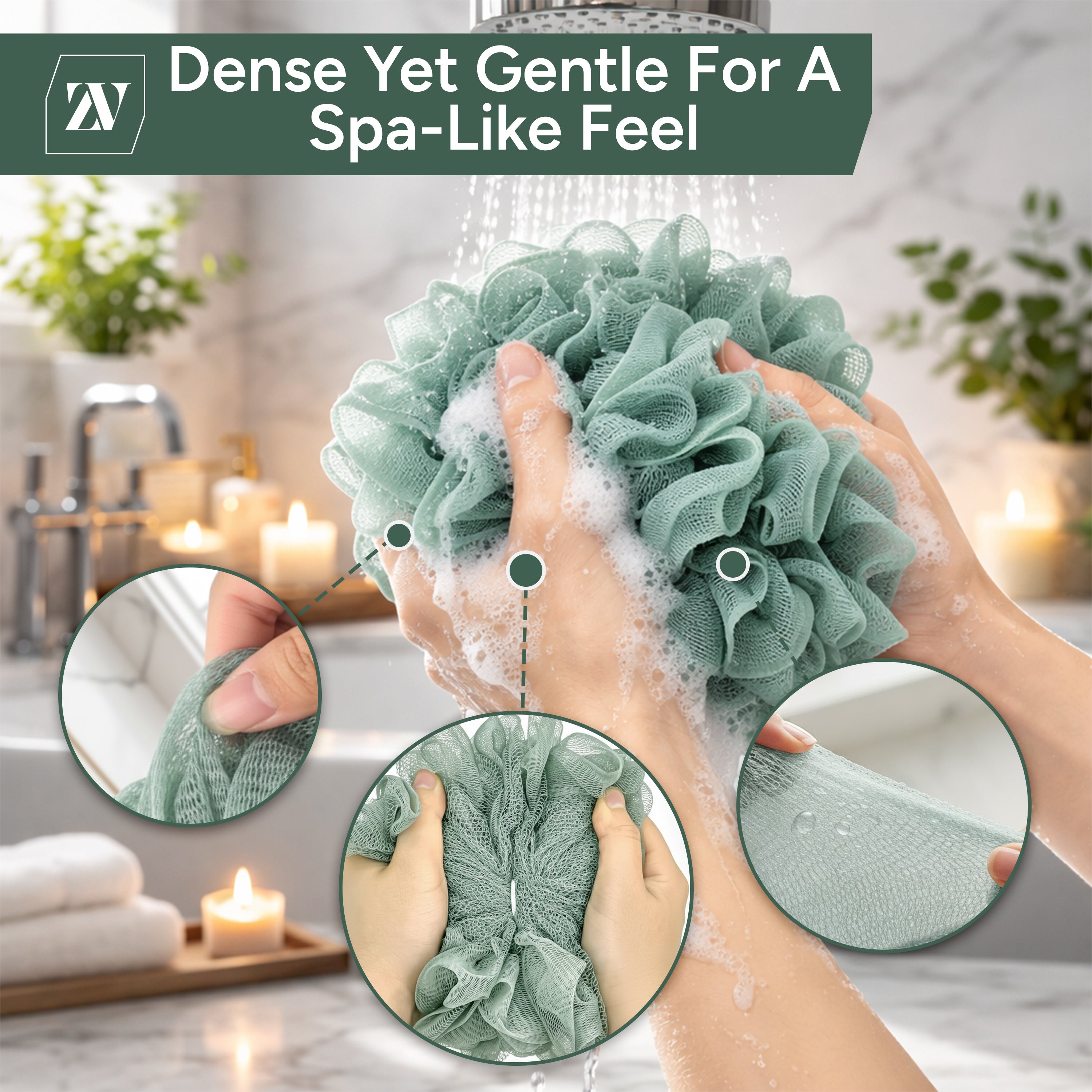 Zuvo Loofah Bath Sponge 4-Pack Soft, Durable Shower Puffs