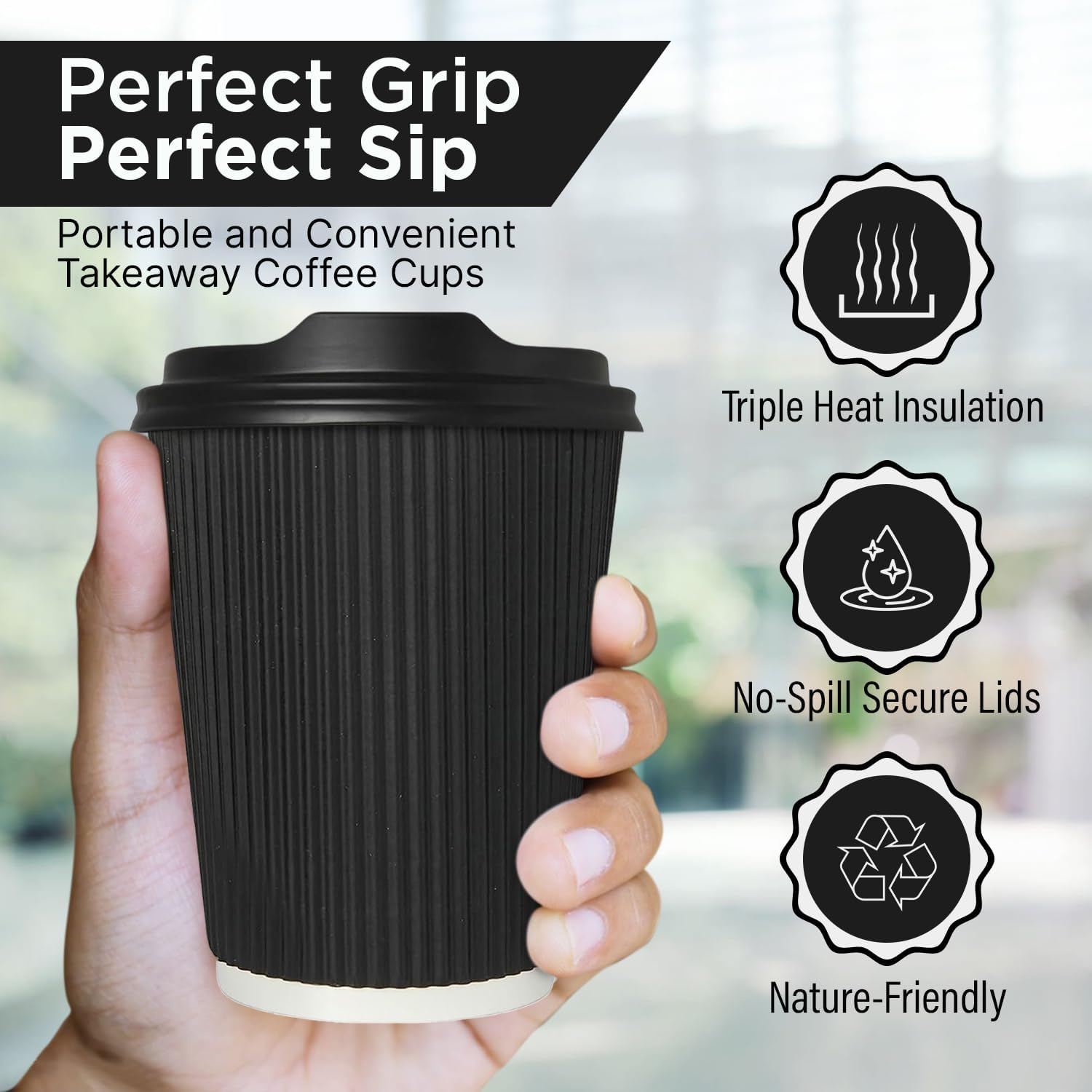 Zuvo [50 Pack Takeaway Coffee Cups with Lids | Disposable Insulated Triple Wall Ripple Kraft Paper Coffee Cups for Takeaway Coffee, Tea or hot Liquids | Pack of 50, Black