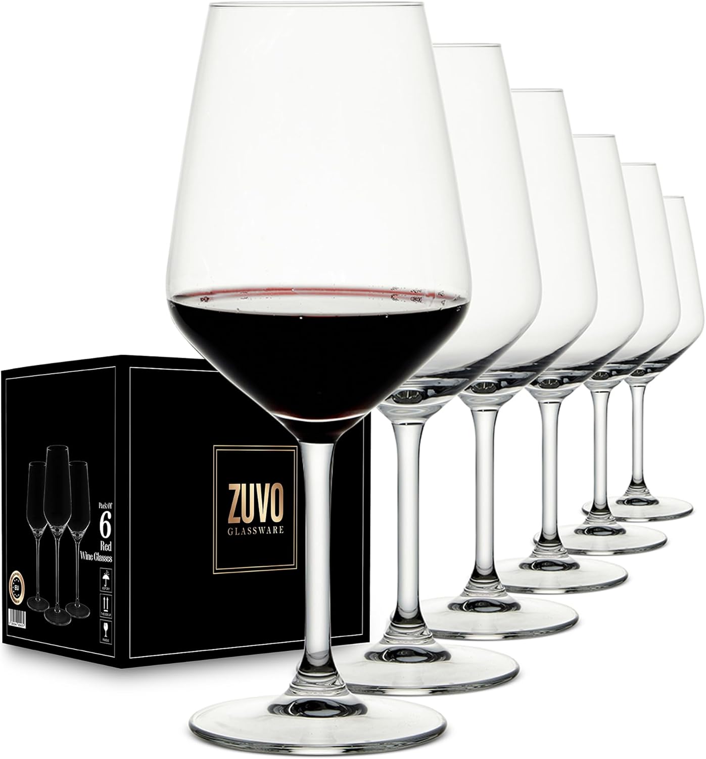 Zuvo Red Wine Glasses Set of 6 37cl Crystal Long Stem Elegant Durable Glasses Dishwasher Safe