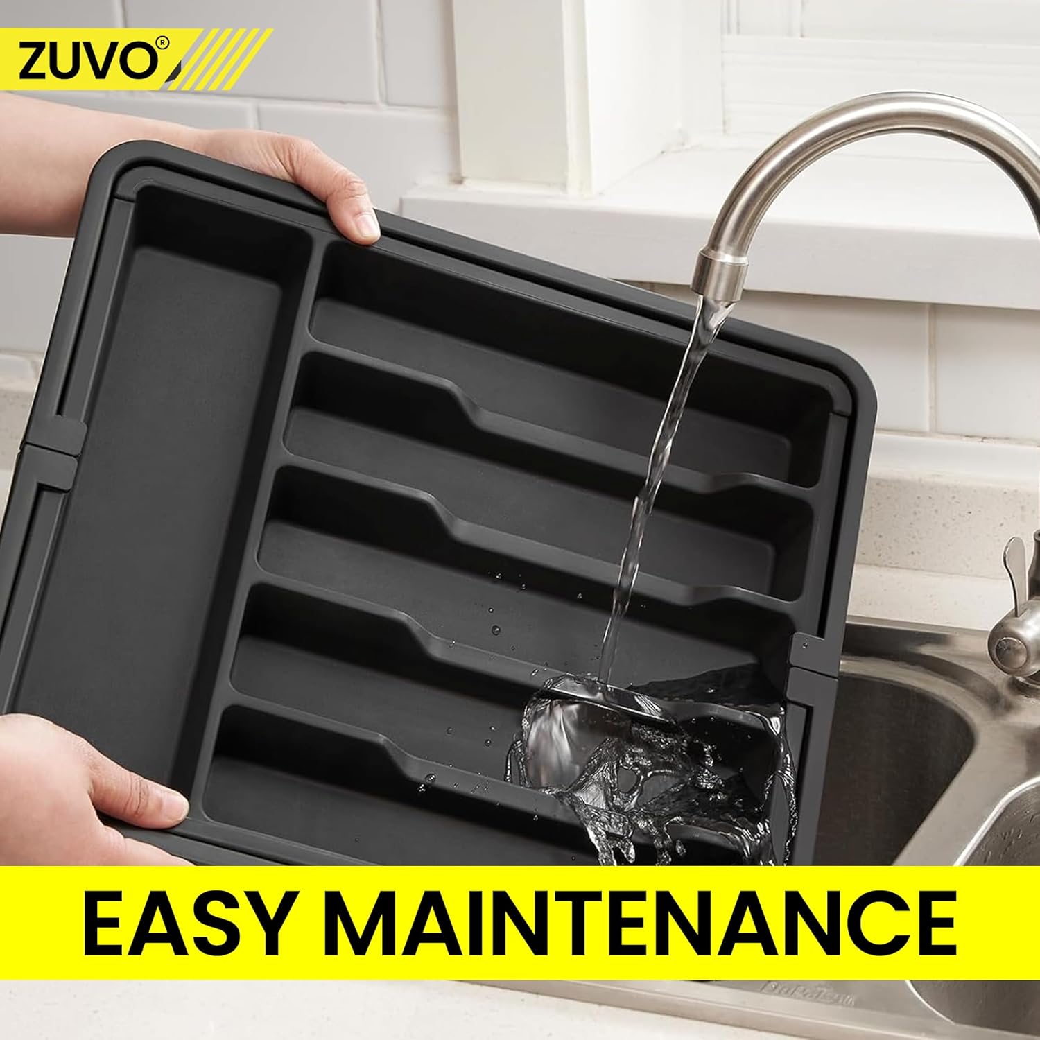 Zuvo Expandable Cutlery Organiser Large Black Plastic Tray for Kitchen