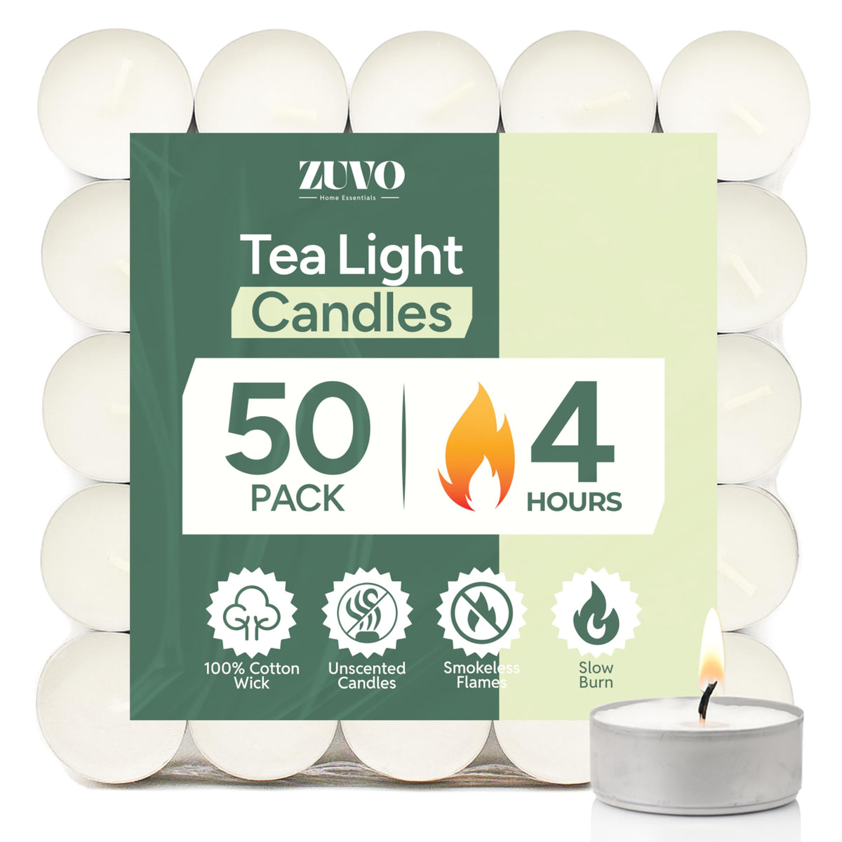 Zuvo Tea Light Candles 4 Hour Burn 50 Pack Unscented Tealights with Cotton Wick