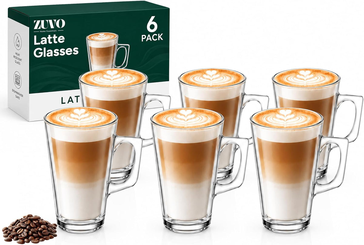 Zuvo Latte Glasses Set of 6 240ml Heat Resistant Glass Cups for Coffee Latte and Hot Chocolate