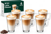 Zuvo Latte Glasses Set of 6 240ml Heat Resistant Glass Cups for Coffee Latte and Hot Chocolate