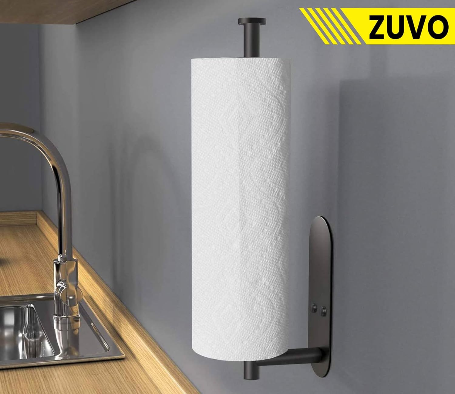 Zuvo Under Cabinet Paper Towel Holder Black – Adhesive or Screw Mount Steel