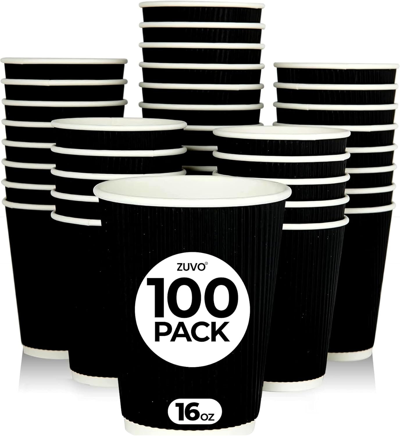 Zuvo Ripple Coffee Cups 16oz 100-Pack Black, No Lids