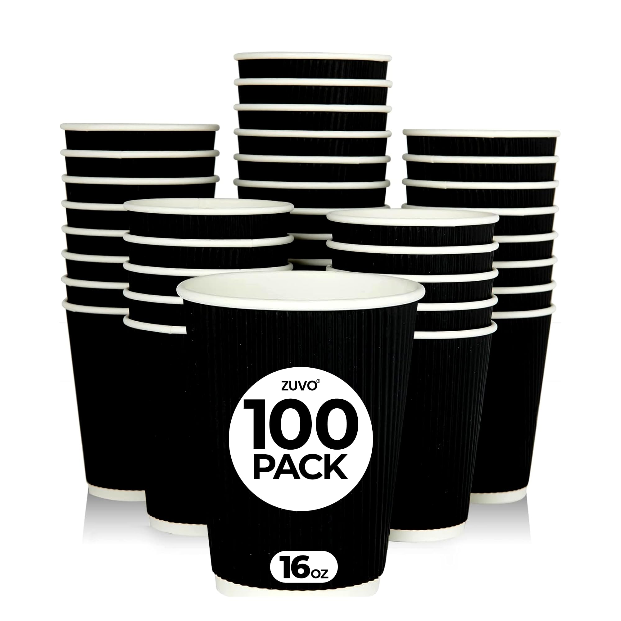 Zuvo Coffee Cups 16 OZ - NO Lids - 100 Disposable Brown Ripple Coffee Cups - Ideal for Takeaways