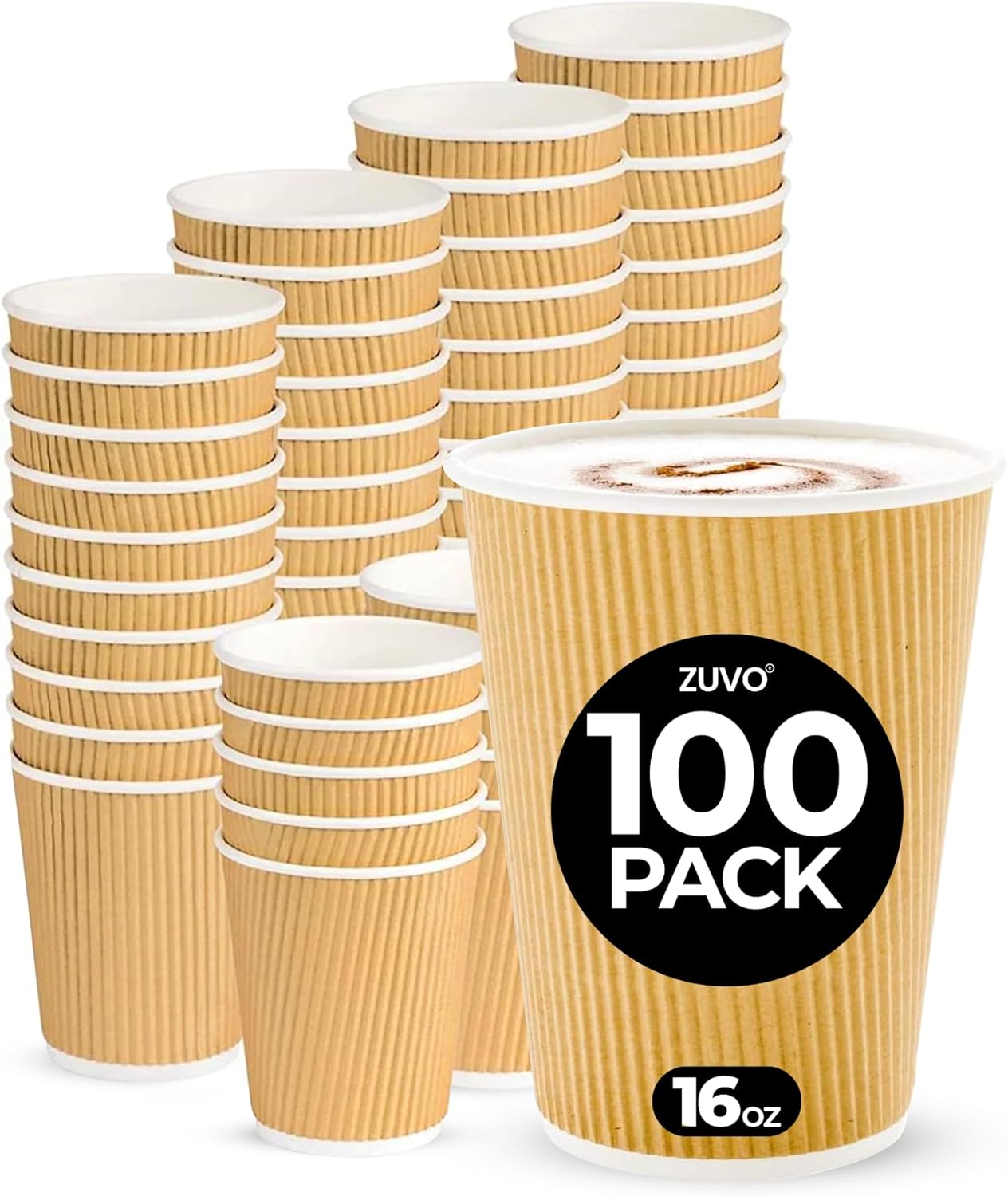 Zuvo Coffee Cups 16 OZ - NO Lids - 100 Disposable Brown Ripple Coffee Cups - Ideal for Takeaways