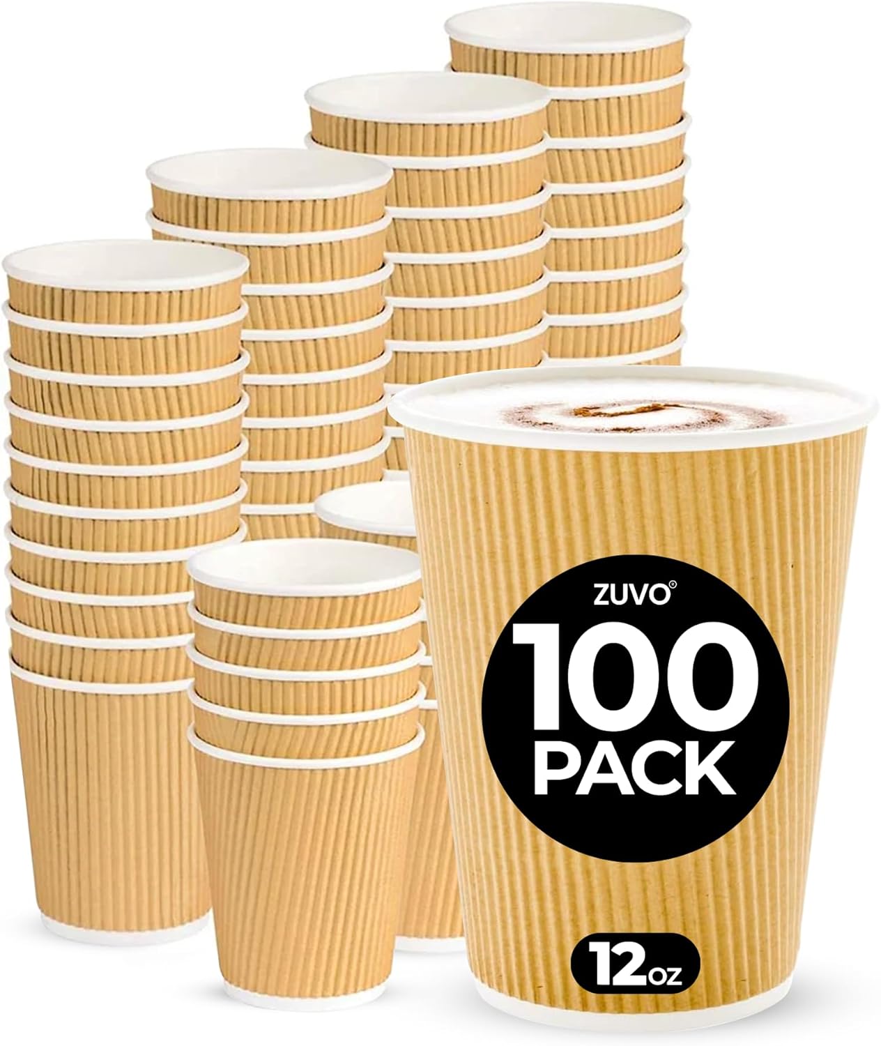 Zuvo Coffee Cups 12 OZ - NO Lids - 100 Disposable Brown Ripple Coffee Cups - Ideal for Takeaways
