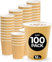 Zuvo Coffee Cups 12 OZ - NO Lids - 100 Disposable Brown Ripple Coffee Cups - Ideal for Takeaways