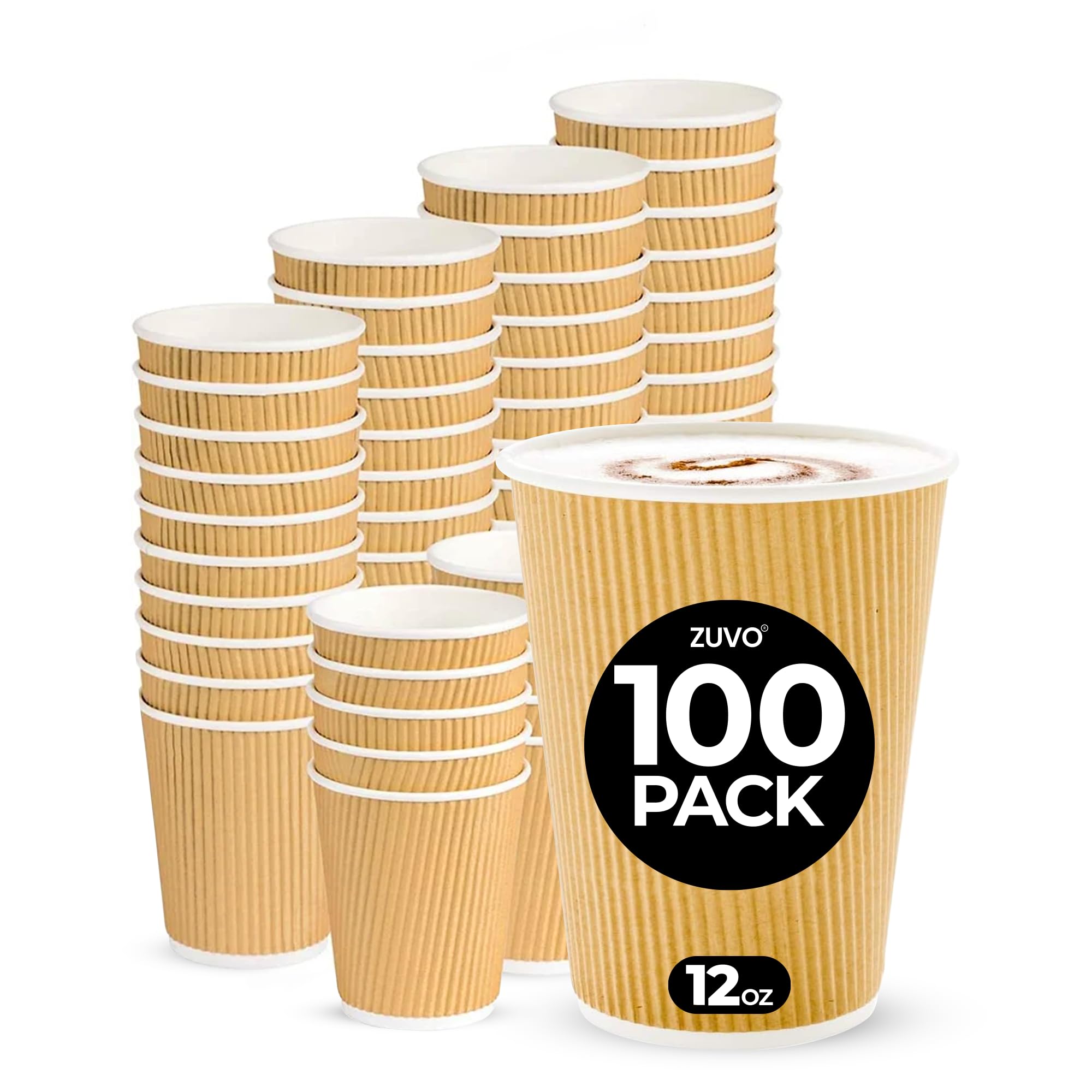 Zuvo Coffee Cups 16 OZ - NO Lids - 100 Disposable Brown Ripple Coffee Cups - Ideal for Takeaways