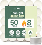 Zuvo Tea Light Candles 8 Hour Burn – 50 Pack Long-Lasting Unscented Tealights