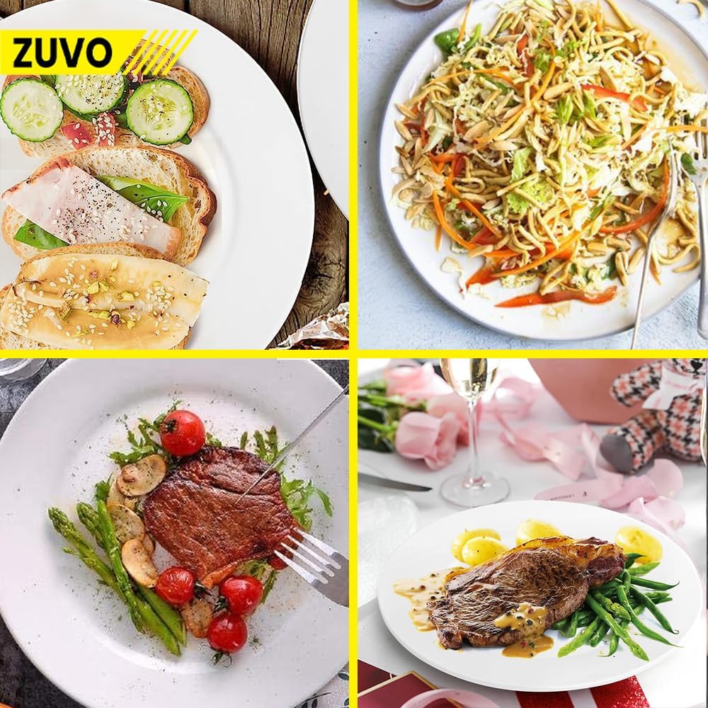 Zuvo White Porcelain Dinner Plates Set of 6 – 10.5 Inch Microwave Safe Rim