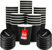 Zuvo 50 Pack 16oz Black Triple Wall Ripple Coffee Cups with Lids