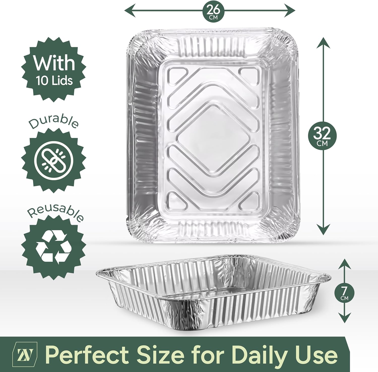 Zuvo | 10 x Large Foil Trays with Lids 32x26x7cm | Heavy-Duty Oven & BBQ Pans