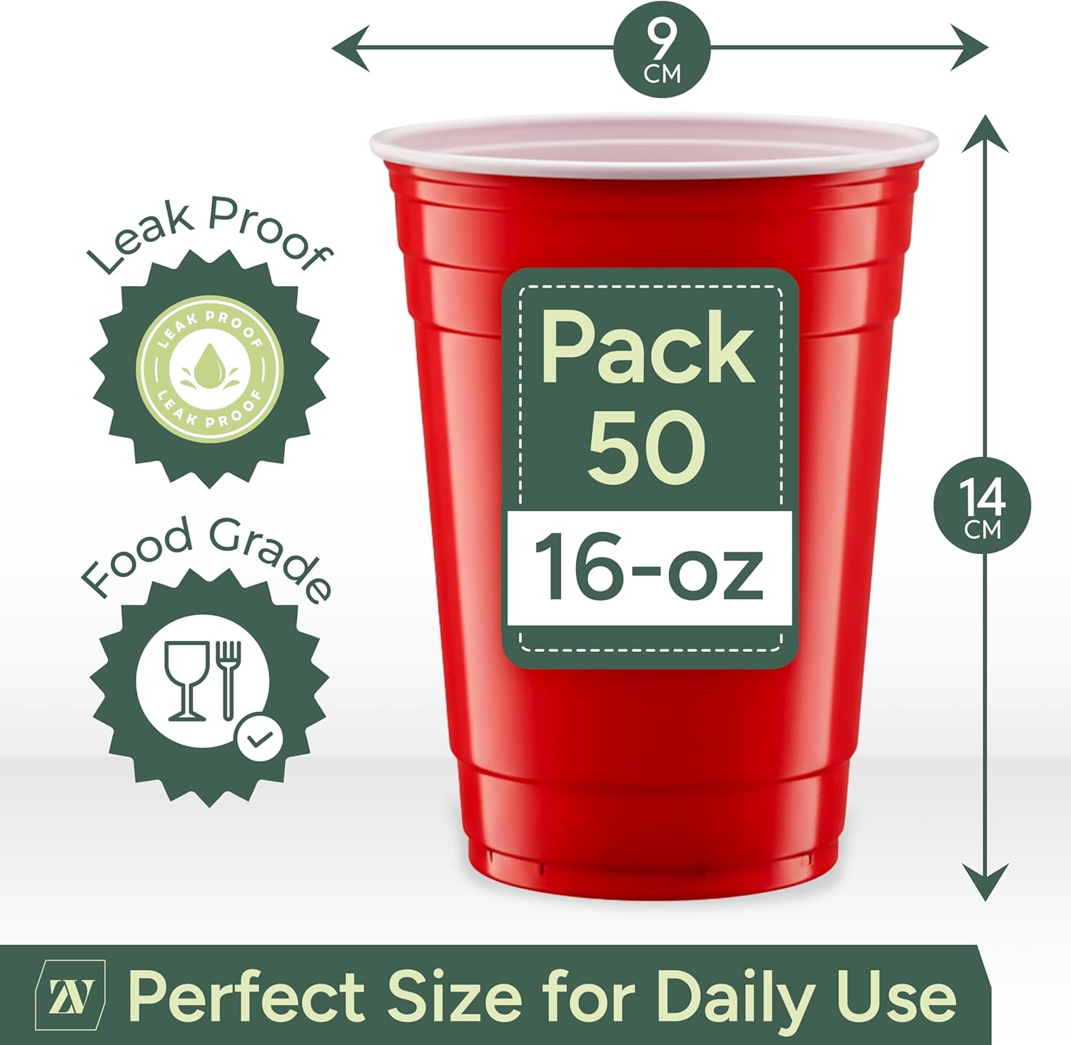 Zuvo Red Party Cups 16oz 50 Pack Durable Disposable Recyclable Drinkware
