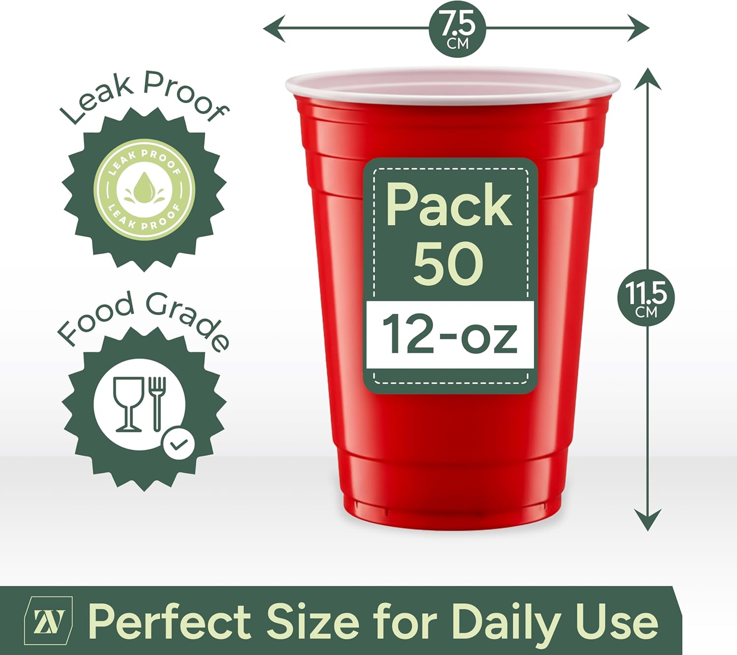 Zuvo Red Party Cups 12oz 50 Pack Durable Disposable Recyclable Drinkware