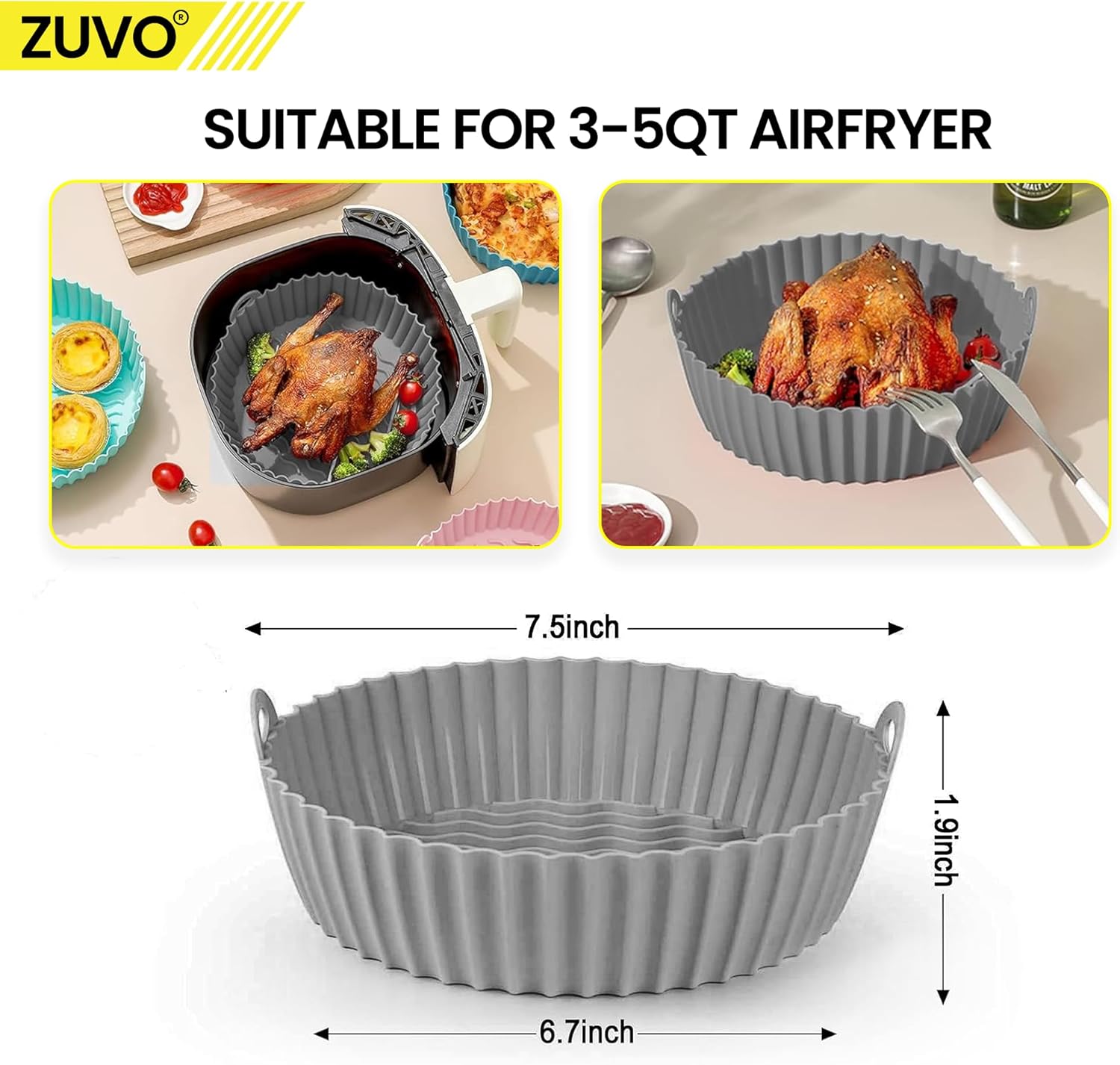 Zuvo Silicon Air Fryer Liners - Pack of 2 - Round Reusable Airfryer Liners for Baking - 6.7 Inches - Ninja, COSORI & Tower Compatible Silicon Air Fryer Liners (Round Silicon Liners)