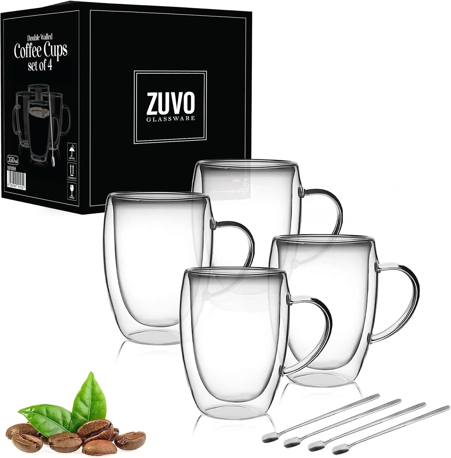Zuvo Glass Coffee Mugs Set of 4 with Spoons Double Walled Cups for Hot Drinks Elegant Design