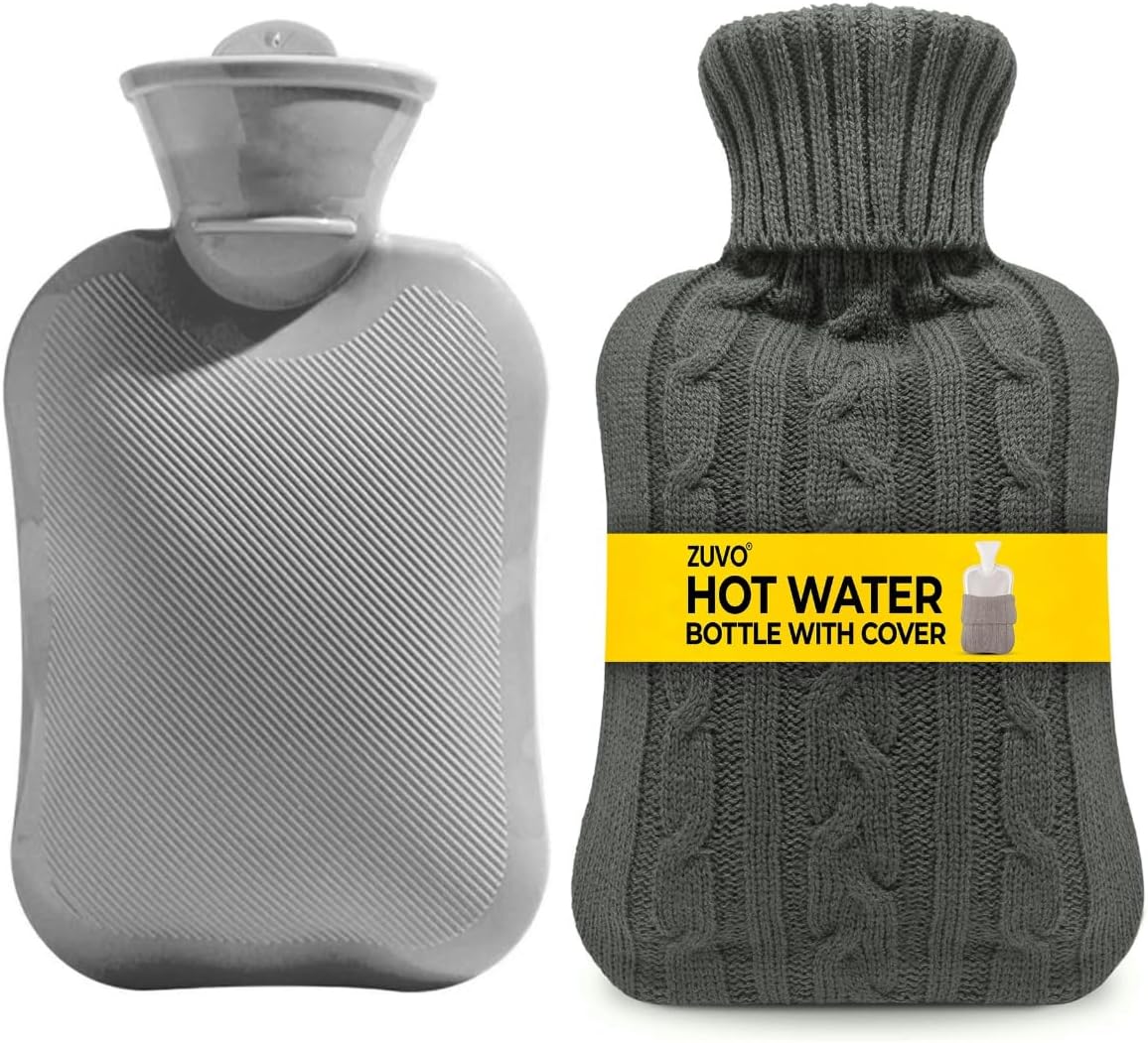 Zuvo 2L Hot Water Bottle with Grey Soft Knitted Cover Leakproof BPA Free