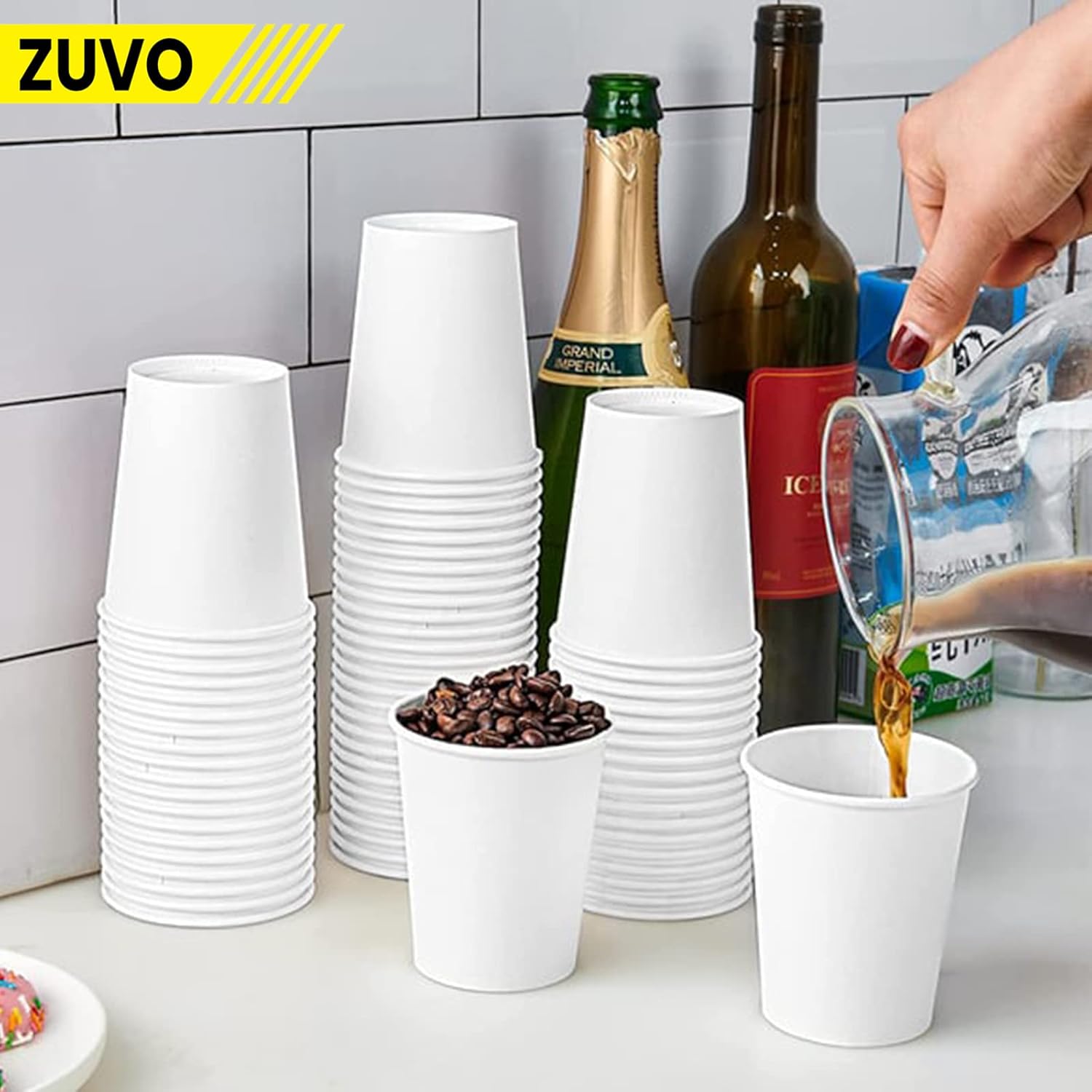 Zuvo Paper Cups 8oz - (100 Pack) - Single Wall White Disposable Coffee Cups for Hot & Cold Drinks - 240 ml Paper Cups