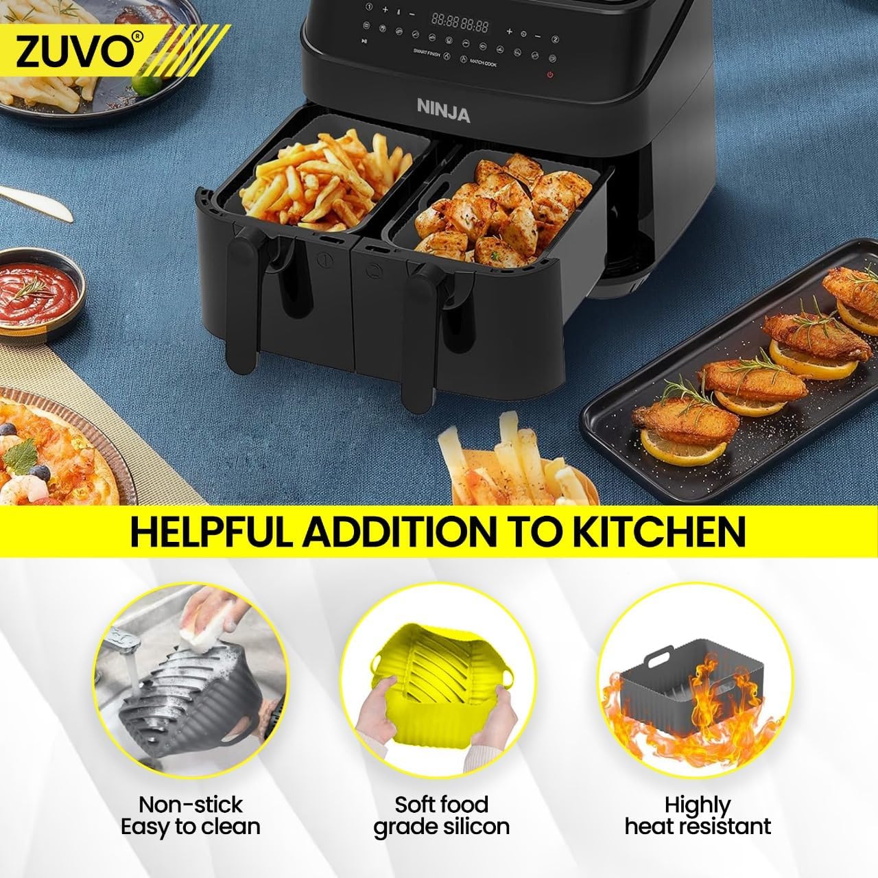 Zuvo Square Silicone Air Fryer Liners Pack of 2 Reusable Baking Mats